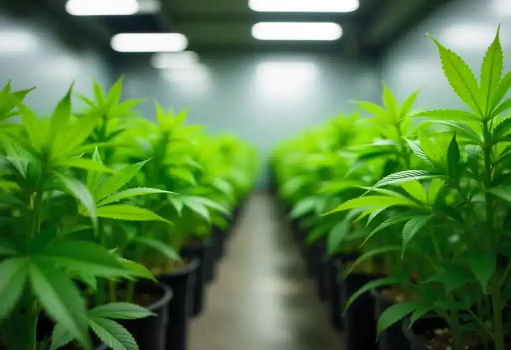 A row of vibrant GMO Cookies plants thriving in an indoor setup. Controlled environment ensures optimal structure and uniform growth.