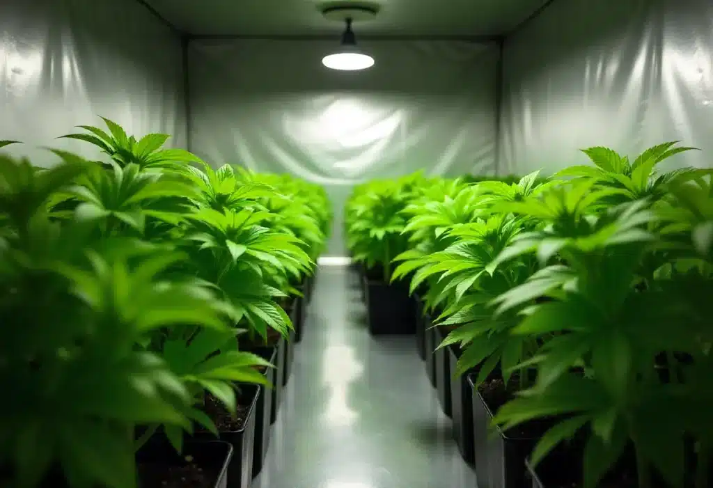 Rows of Early Skunk plants growing indoors under controlled lighting, popular for their fast growth, resilience, and high-yield potential.