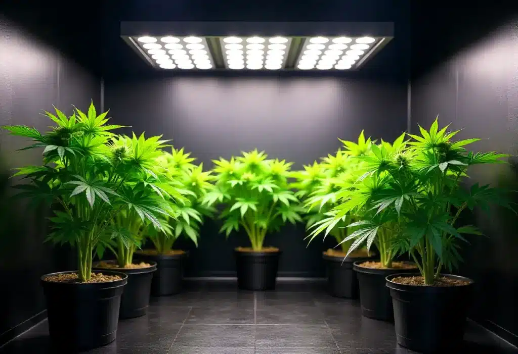 G13 Autoflower cannabis plants flourishing under LED lighting. Dense foliage and compact growth make it perfect for high-yield indoor grows.