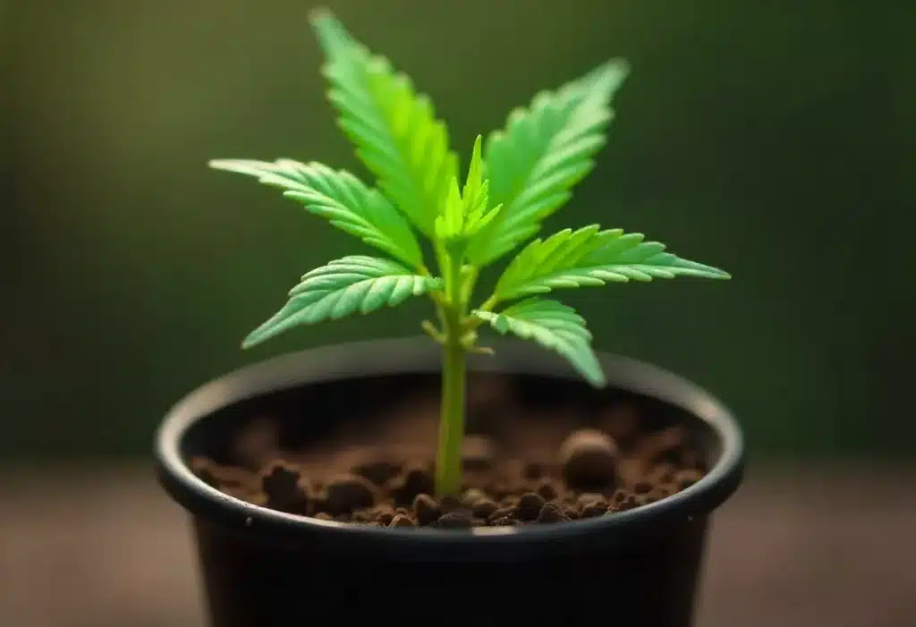 Frühes Wachstumsstadium einer Cannabissorte mit starken allelopathischen Fähigkeiten zur Beeinflussung umliegender Pflanzen im Substrat.