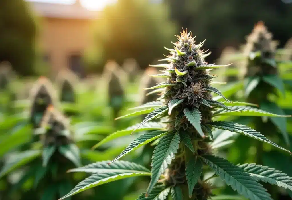 Frosted Guava cannabis plant thriving outdoors with sunlight enhancing its frosty trichomes and mature bud structure.