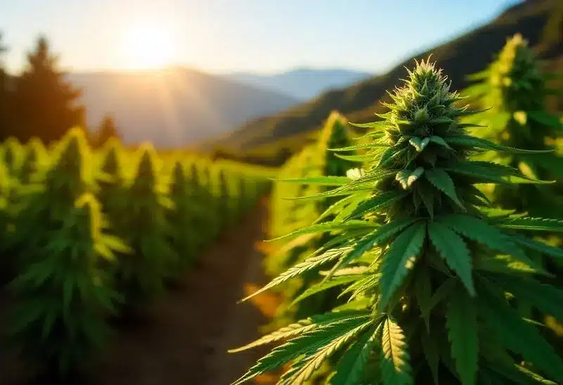 Lush outdoor cultivation of Gelato x Kosher Kush in full bloom. Strong genetics ideal for warm climates and high THC production.