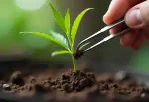 G13 x OG Kush seedling being transplanted in early stage.