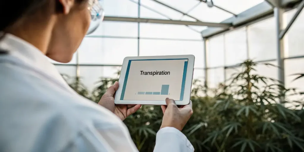 Scientist examining cannabis plants and digital growth data in a greenhouse.