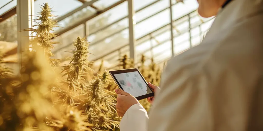 Scientist analyzing cannabis transpiration data on a tablet in a modern greenhouse.