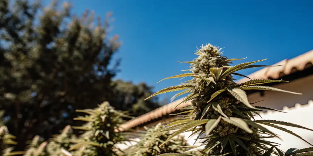 Acapulco Gold cannabis plant growing outdoors under bright blue sky.