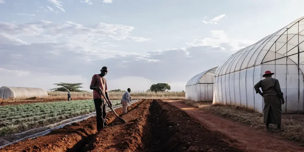 African farmers preparing soil and irrigation trenches beside transparent greenhouse structures.