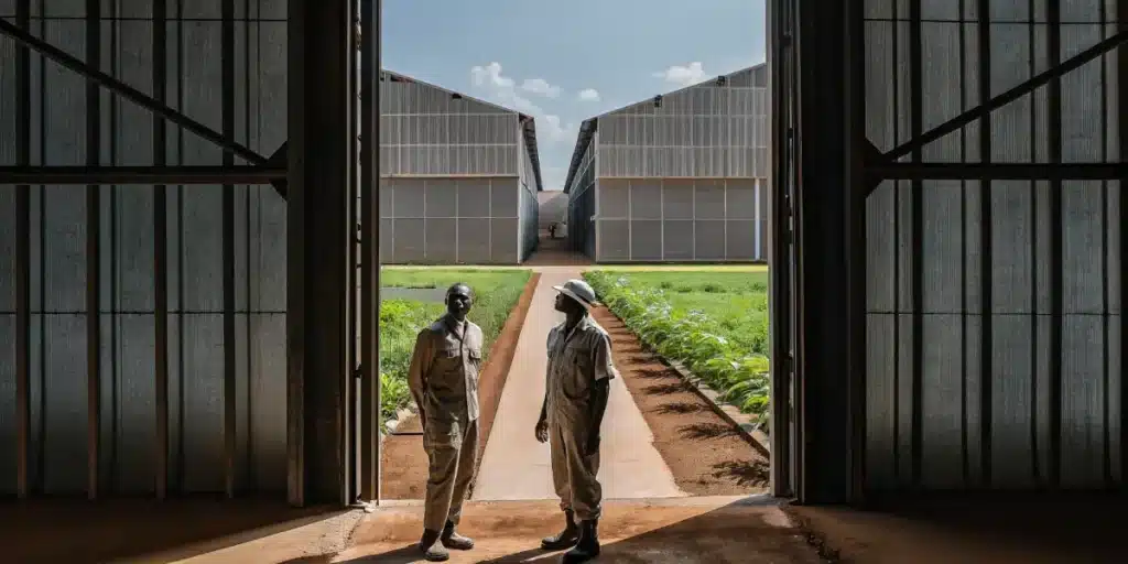 Two African farmers standing at the entrance of a large cannabis greenhouse facility.