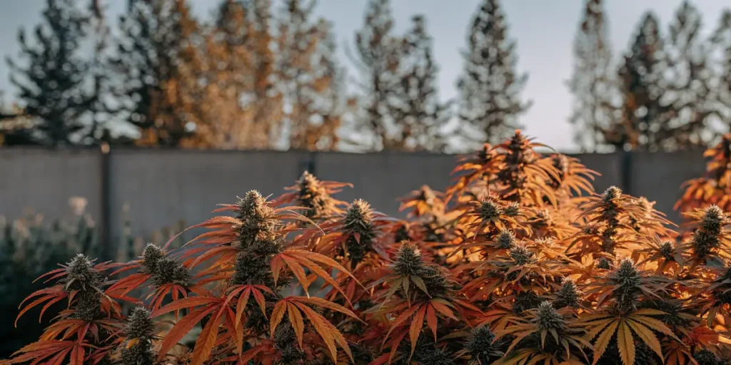 Autumn cannabis plants outdoor grow with orange leaves and dense buds under warm sunset light.
