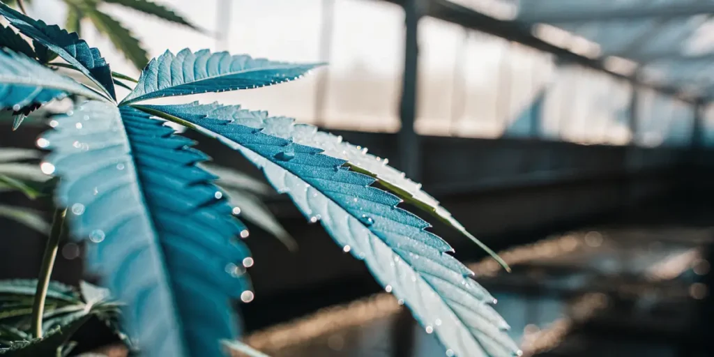 Close-up of a blue-tinted cannabis leaf with water droplets in a greenhouse.