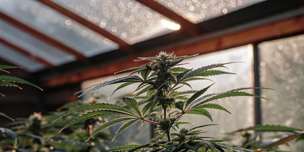 Close-up of a flowering cannabis plant inside a greenhouse.