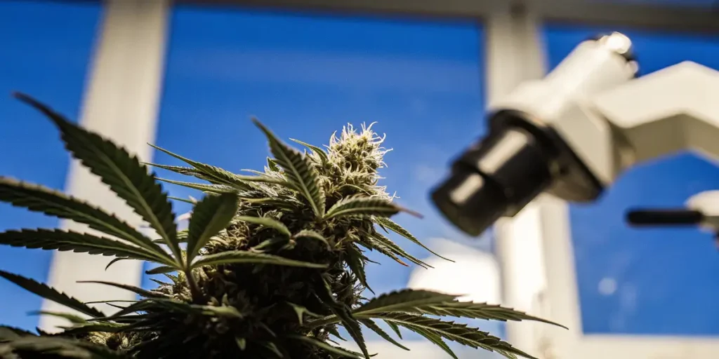 Cannabis bud under microscope with visible trichomes