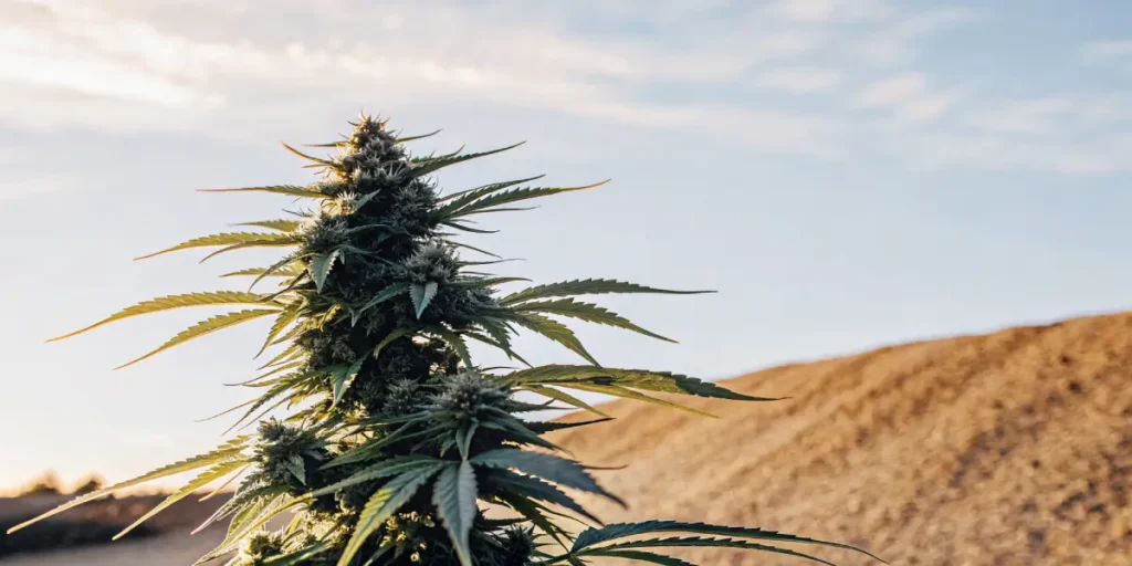 Cannabis bud glowing under sunlight with detailed trichomes and healthy leaves.