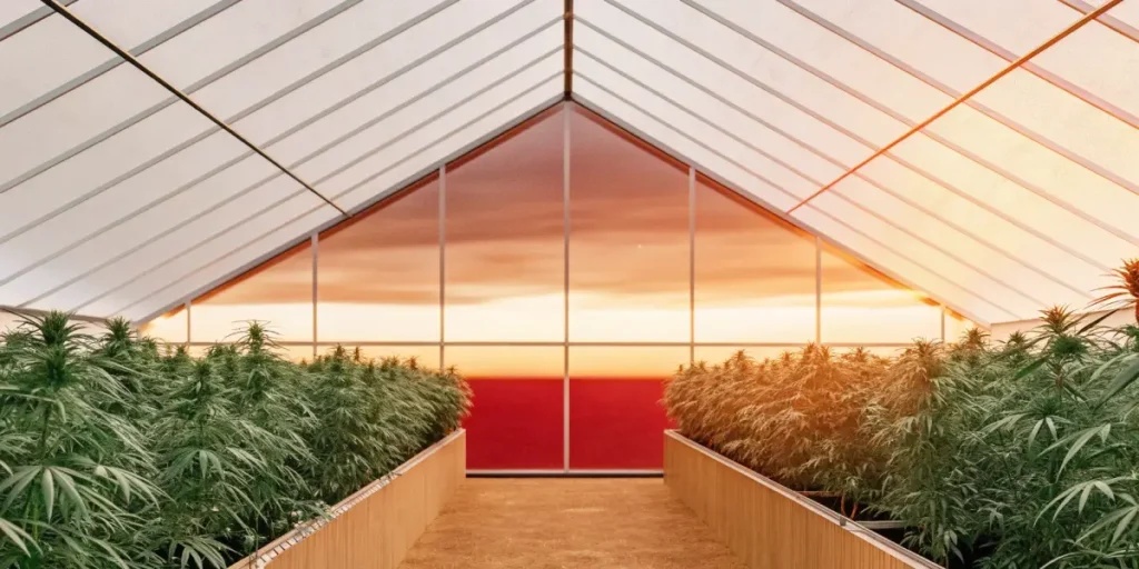 Cannabis greenhouse interior with plants under evening light