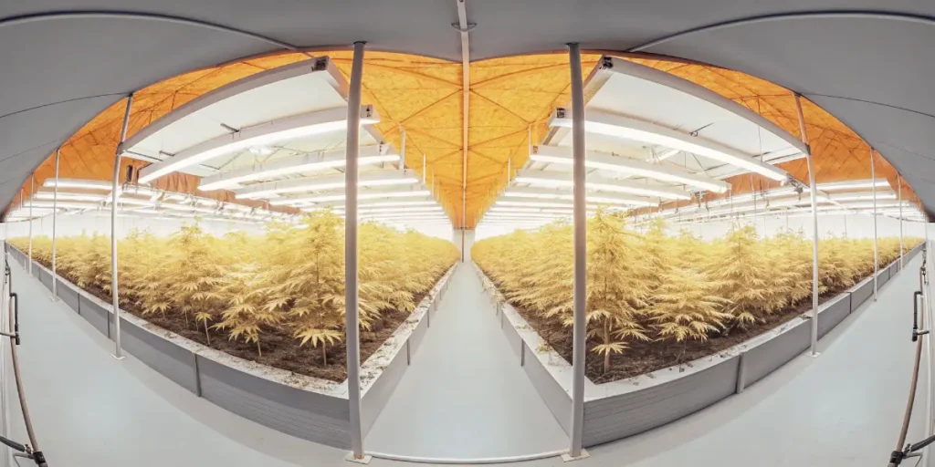 Wide view of an indoor cannabis cultivation room with strong grow lights.