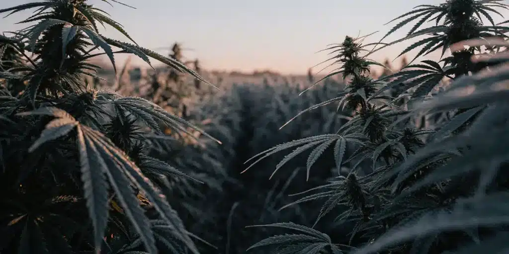 Outdoor cannabis field at sunset with mature buds and dense foliage