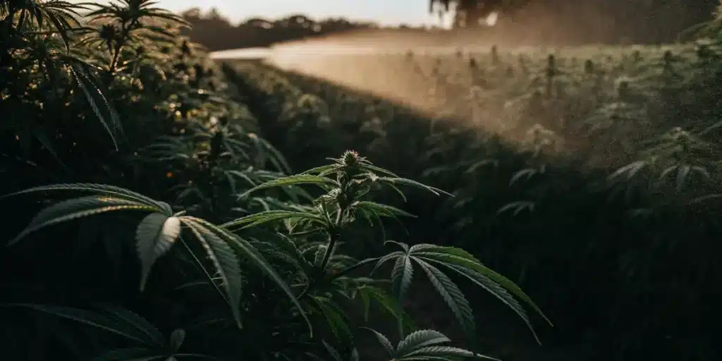 Cannabis plants in a field with sunset irrigation mist.