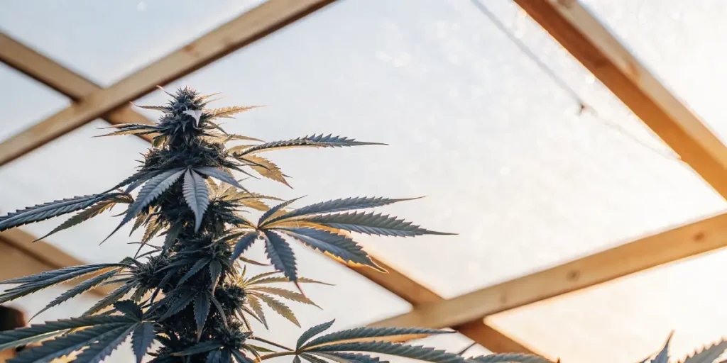Flowering cannabis plant with dense buds under greenhouse roof light