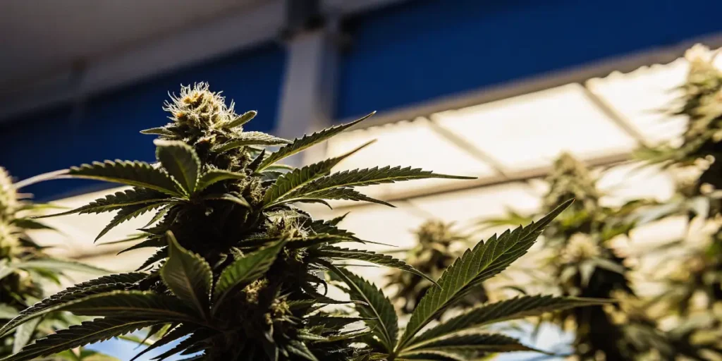 Cannabis flowering plant with resinous bud under bright indoor lighting.