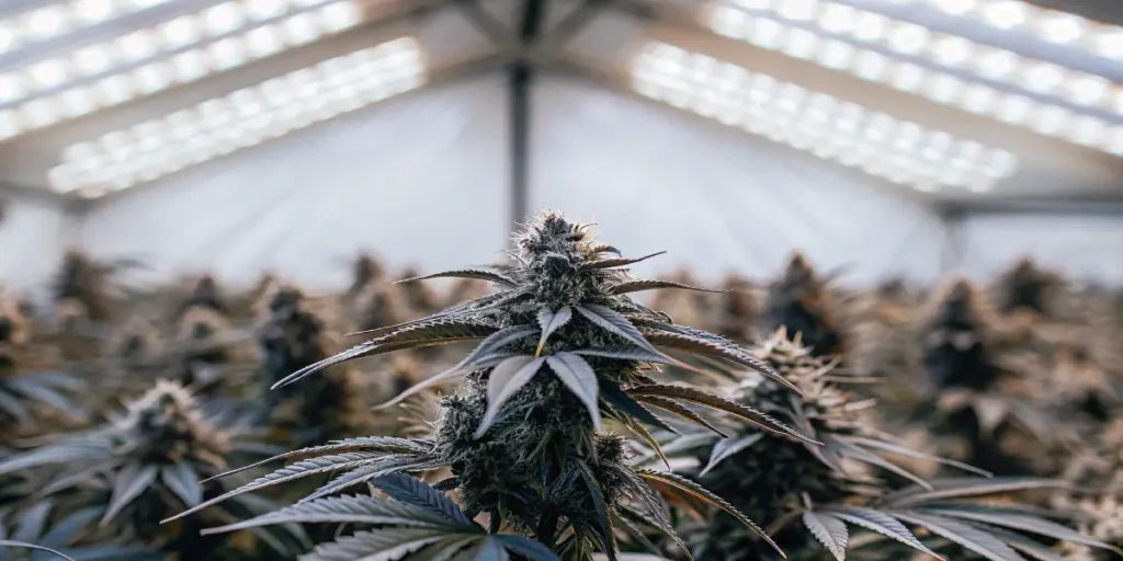 Cannabis plant in flowering stage under bright LED grow lights in a greenhouse.