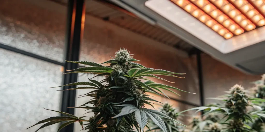 Cannabis plant flowering under LED grow lights in an indoor setup.