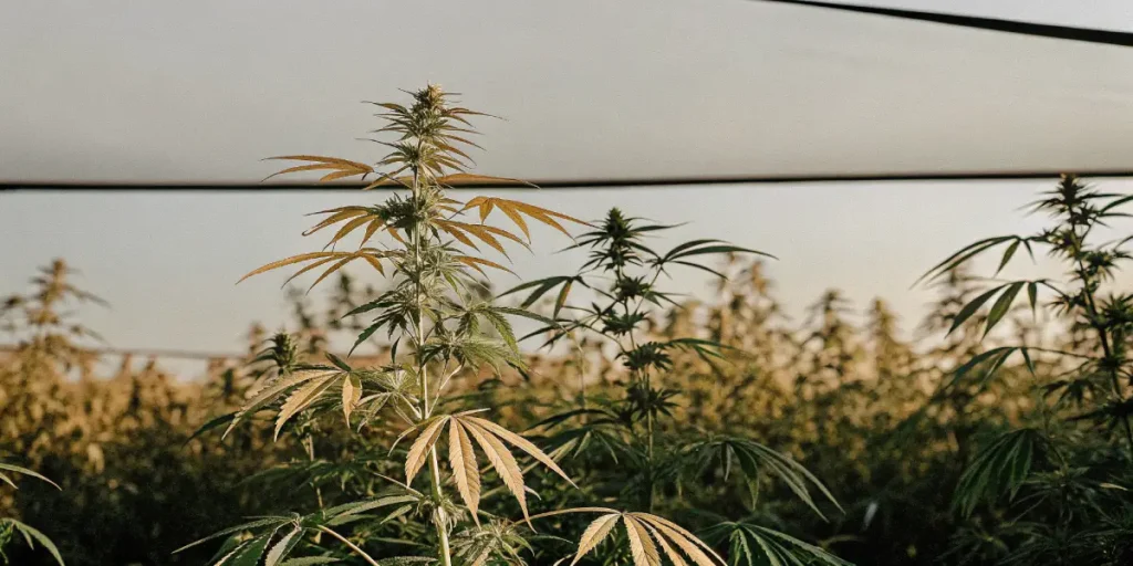 Golden cannabis plants at dusk in an outdoor greenhouse under soft evening light.