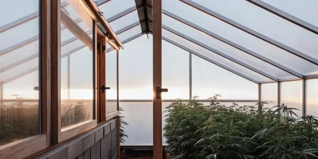 Wide-angle view of a cannabis greenhouse at dawn with plants thriving under natural and filtered light.