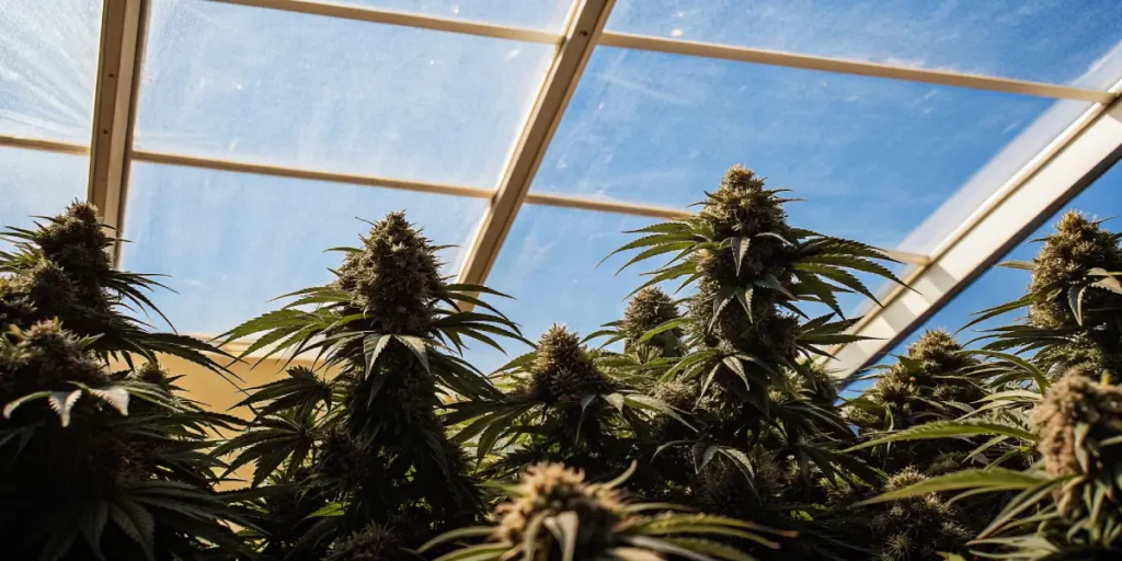 Cannabis greenhouse with mature blooming plants under sunlight.