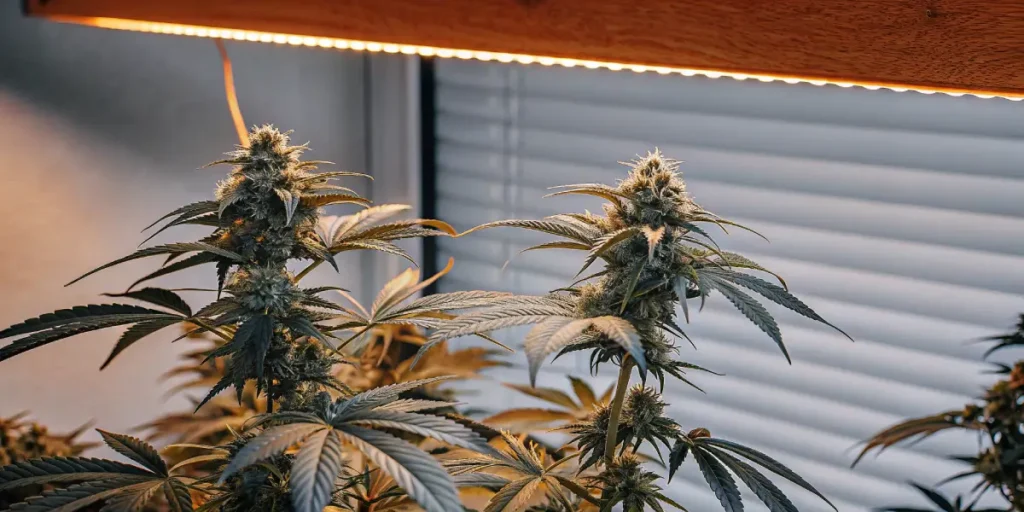 Plantes de cannabis en intérieur sous lampe LED pendant la floraison