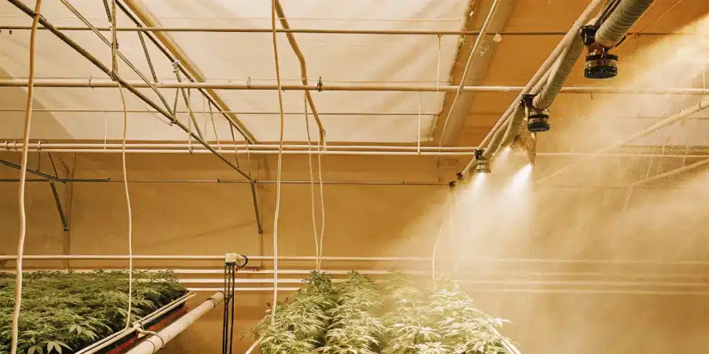 Overhead view of a cannabis greenhouse with automated irrigation system spraying water.