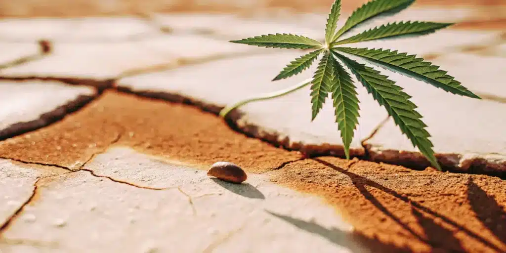 Cannabis leaf and seed on arid ground.