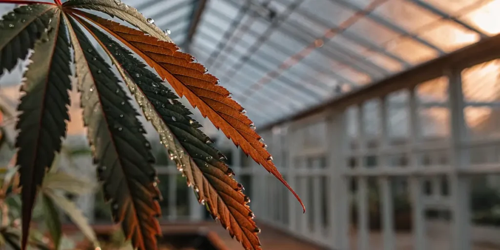 Cannabis leaf showing green and red hues with water droplets inside a greenhouse.