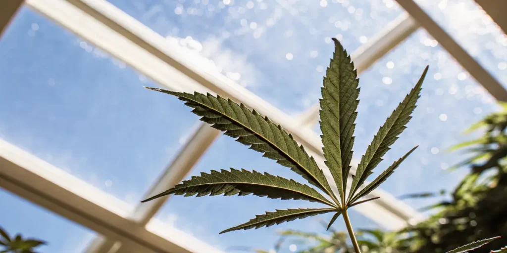 Close-up of a single cannabis leaf illuminated by sunlight through a greenhouse roof.