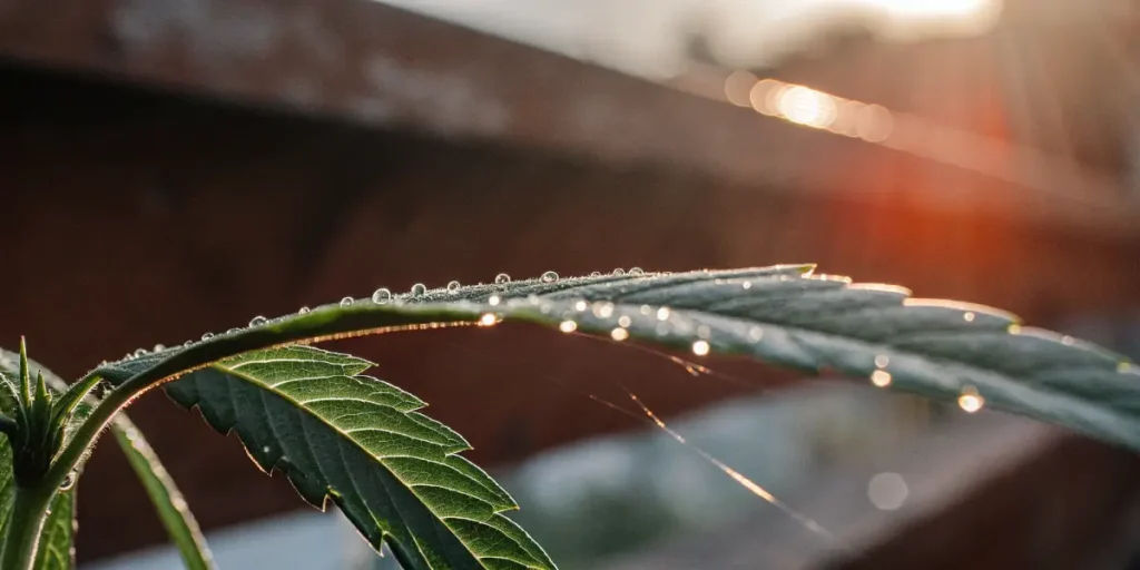 Cannabis leaf with morning dew reflecting sunlight.