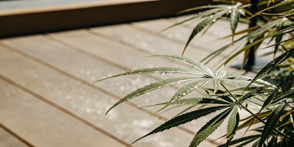 Cannabis leaves sparkling with tiny water drops under direct sunlight.