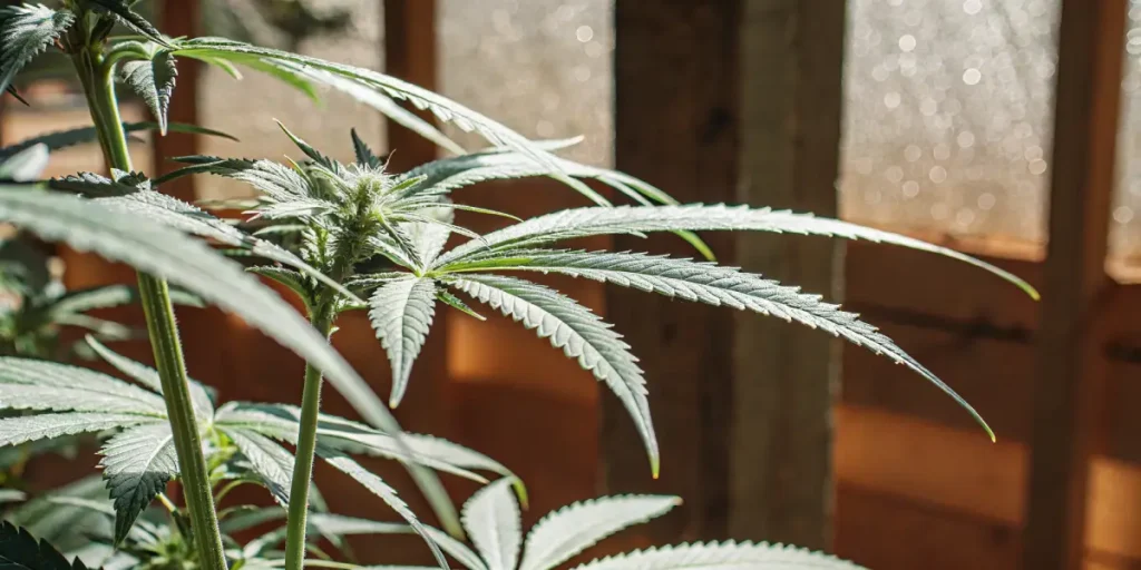 Close-up of a cannabis plant under natural sunlight inside a greenhouse