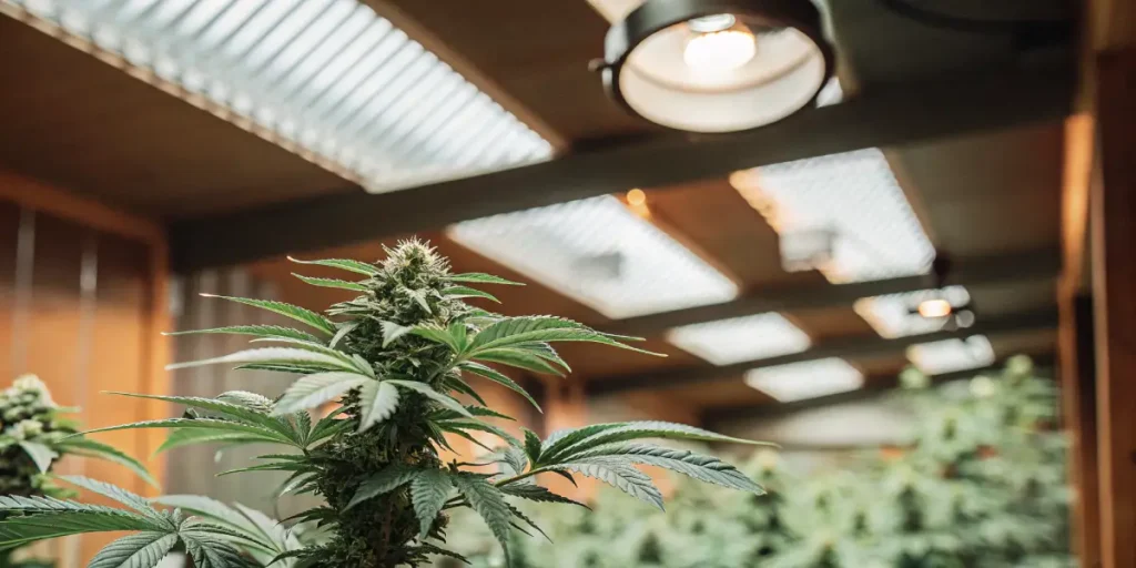 Close-up of a flowering cannabis plant inside a greenhouse with artificial lighting.