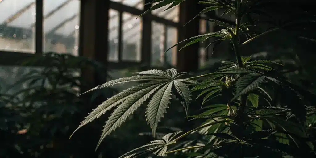 Close-up of a cannabis plant in a greenhouse with natural light filtering through the glass panels.