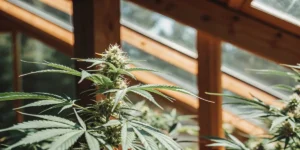 Close-up of a cannabis plant in a greenhouse under natural sunlight.