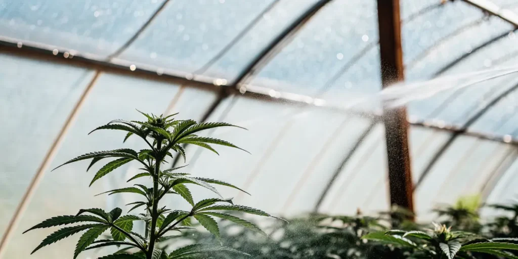 Cannabis plant in greenhouse with water mist spraying under sunlight.