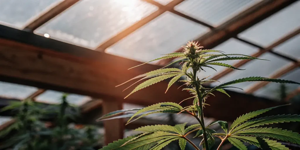 Cannabis plant with young buds growing inside a greenhouse with sunlight.