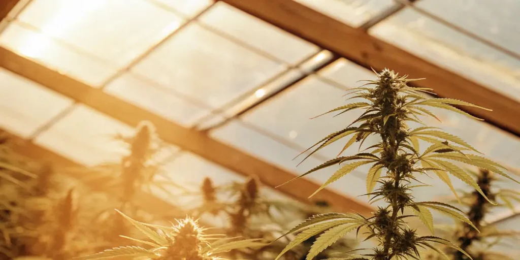Close-up of a cannabis plant thriving under golden sunlight inside a greenhouse.