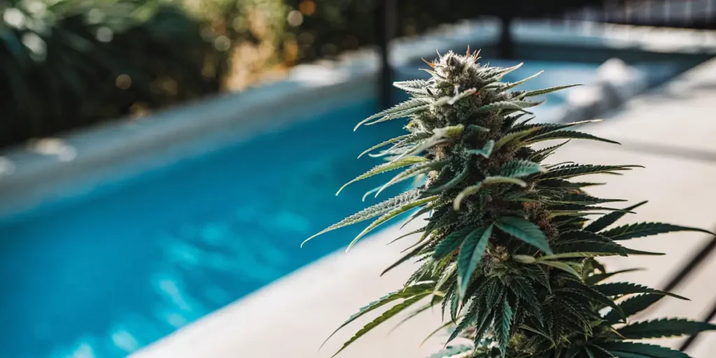 Cannabis plant growing near a swimming pool under bright sunlight.