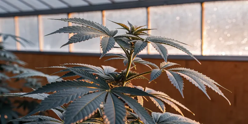 Cannabis plant growing inside a greenhouse under soft natural light.