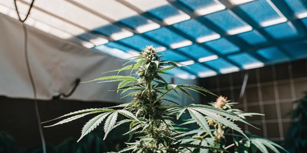Close-up view of a healthy cannabis leaf under indoor light inside a wooden greenhouse.