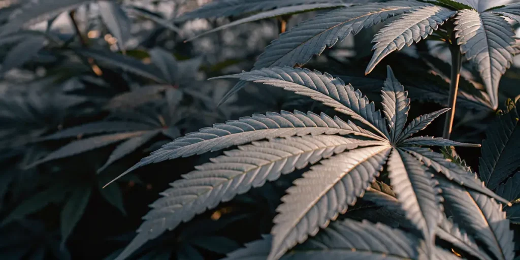 close-up of cannabis plant leaves with detailed texture under natural sunlight