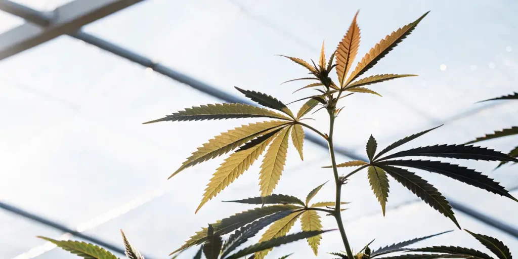 cannabis plant leaves highlighted by sunlight inside a greenhouse environment