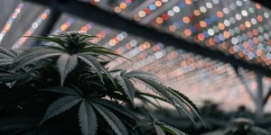 Close-up of a cannabis plant under colorful LED lights inside a greenhouse.