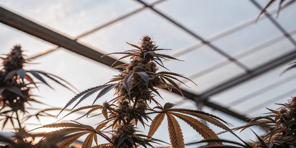 Cannabis plant with purple-tinted leaves inside a greenhouse.