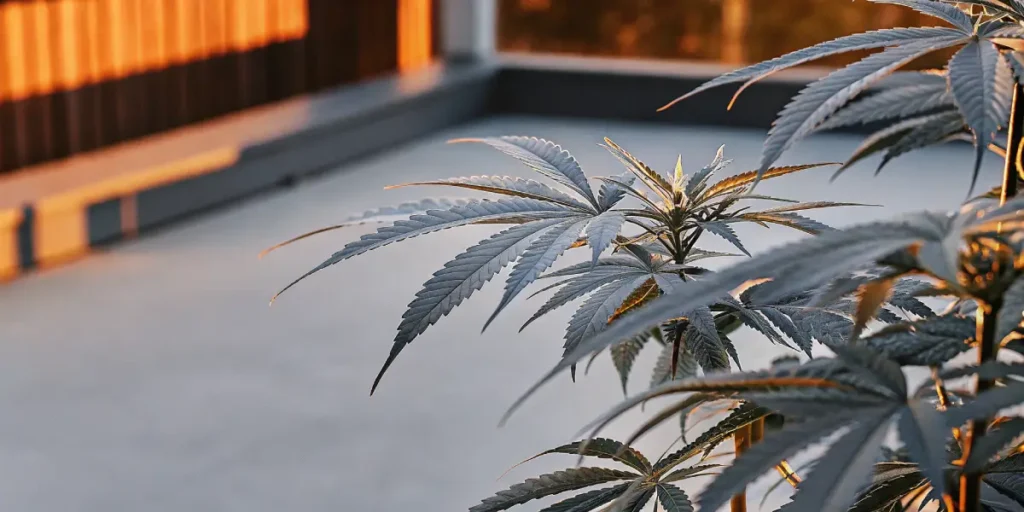 Cannabis plant growing on a terrace with evening sunlight.